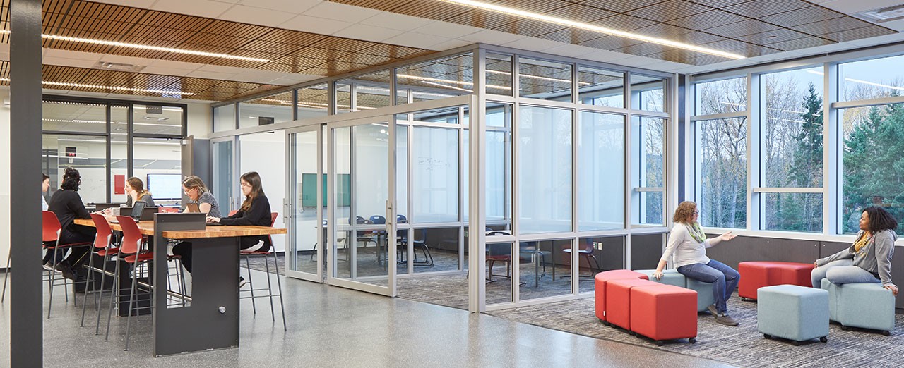 Image of a sliding door system used in a collaborative learning space at Juanita High School.