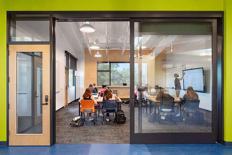 Image of a sliding door system used as the opening for a classroom at the Thacher School. 